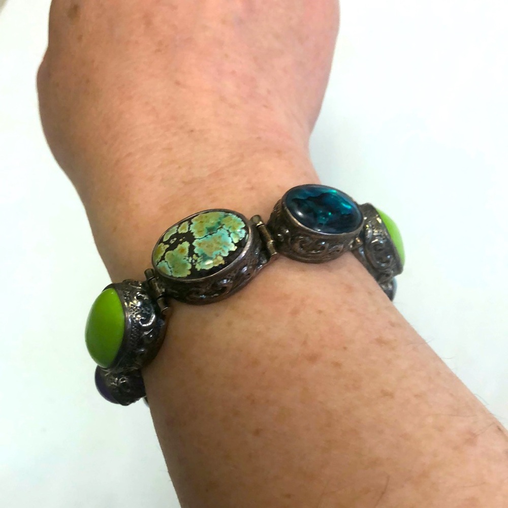 Elegant Vintage Silver Bracelet with Green Blue Stones slide Clasp Excellent